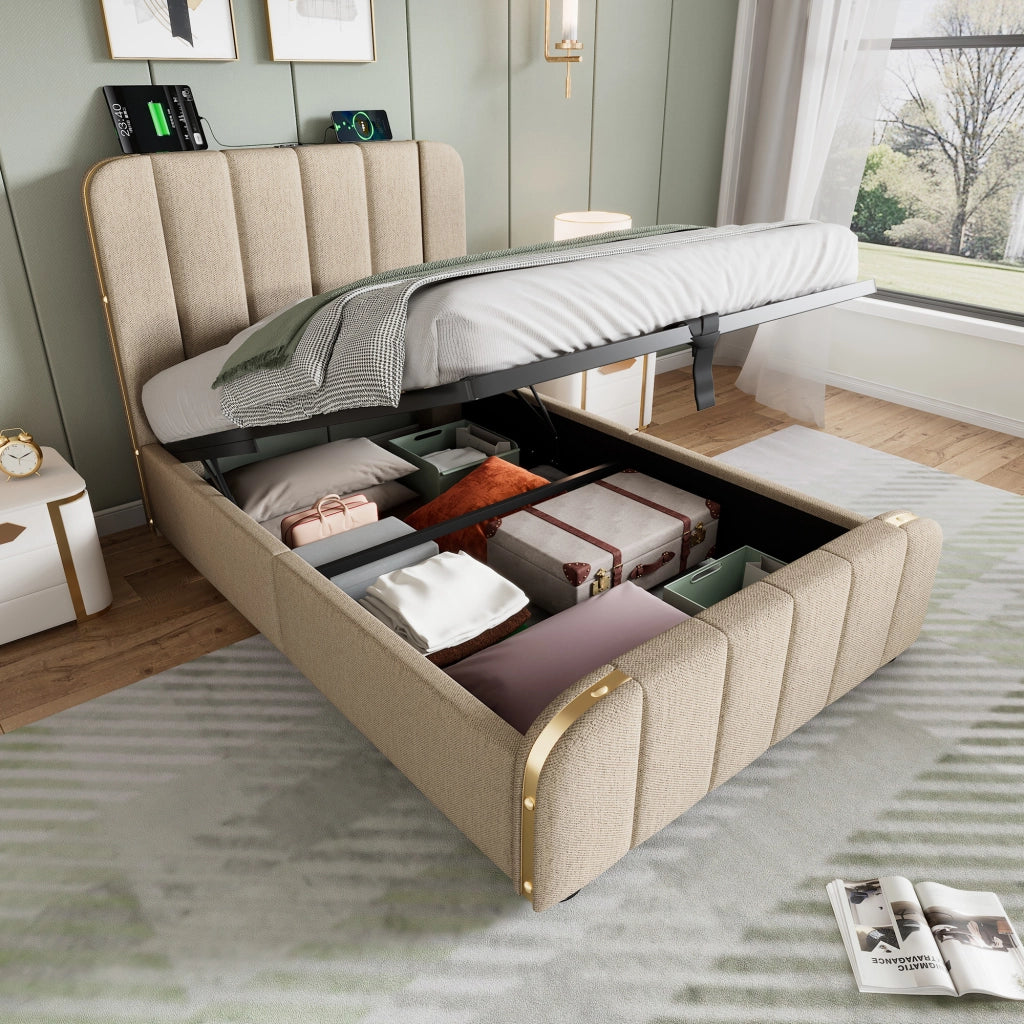 Letto Contenitore Letto Matrimoniale 160 x 200 cm con USB; Type-C e LED regolabile; senza Materasso; Lino Beige