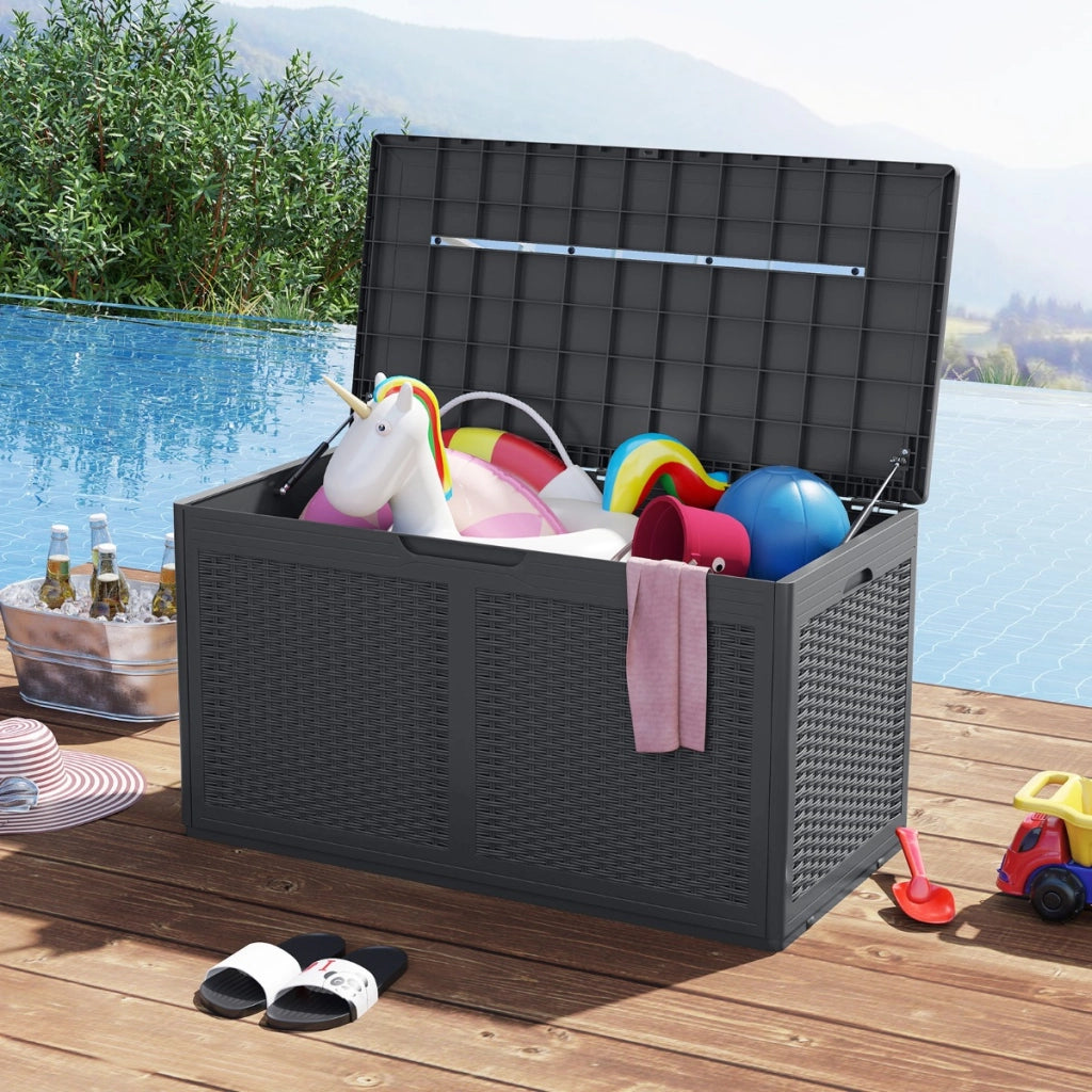 Panchina contenitore impermeabile con coperchio bloccabile, Baule da esterno in resina 380 l da giardino Grigio-Casette da giardino