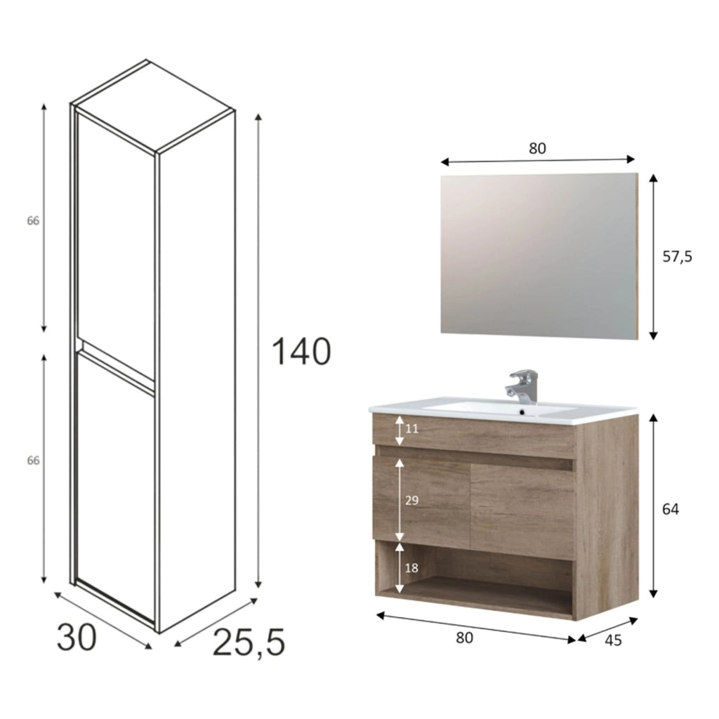Sassola, set Mobili Bagno Specchio Incluso, Marrone Quercia
