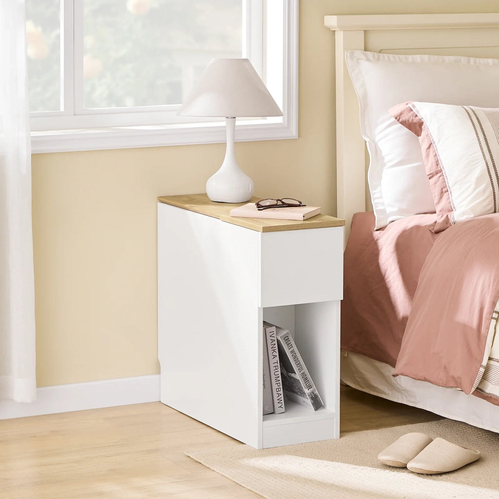 SoBuy Comodini con 3 scomparti, Tavolino Comodini Camera per Divano Salotto Sala da Pranzo Cucina, Tavolo Alto Stretto Bianco e Legno 25 x 65 x 60 cm FBT162-WN