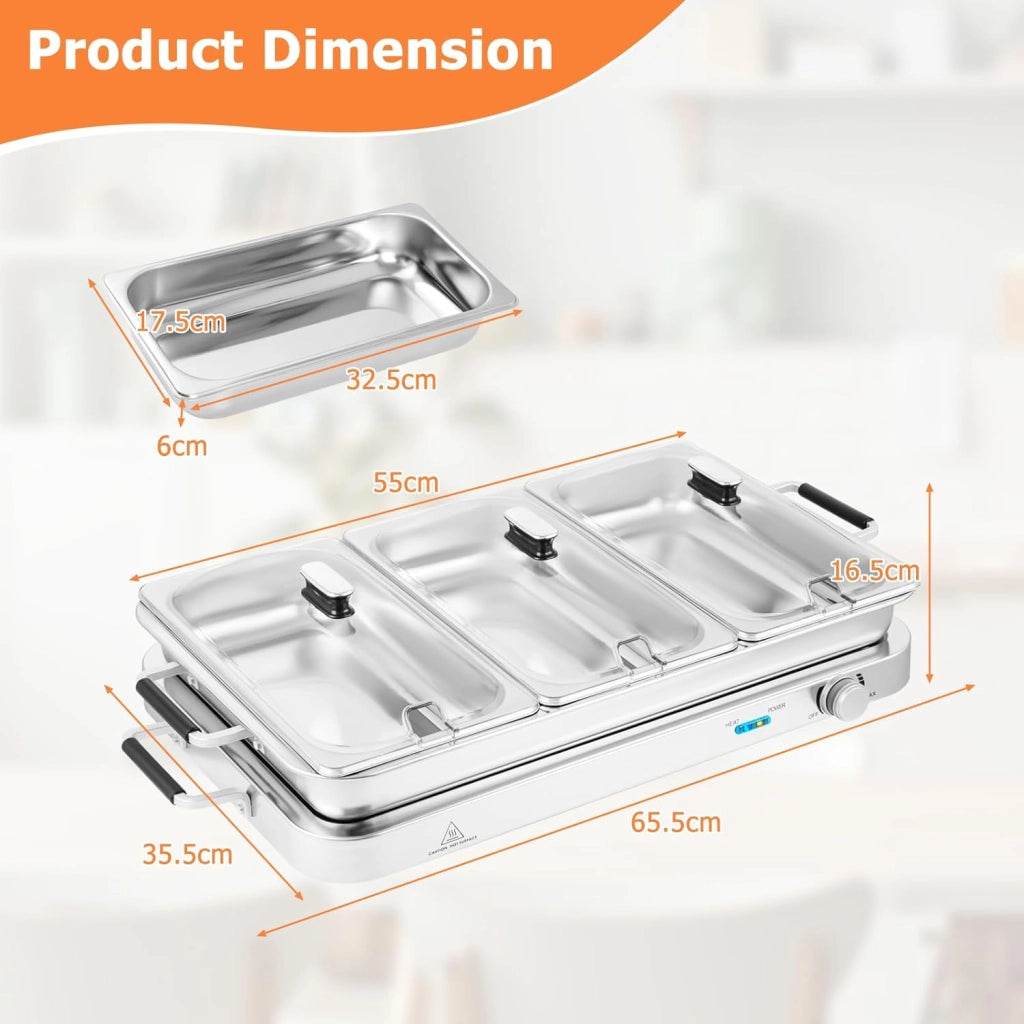 Scaldavivande Elettrico per Buffet 9L 450 W, Vassoio Scalda Vivande in Acciaio Inox con 3 Contenitori & Coperchi, Borsa, Temperatura 50-150℃, per Feste, Matrimoni, Ristoranti