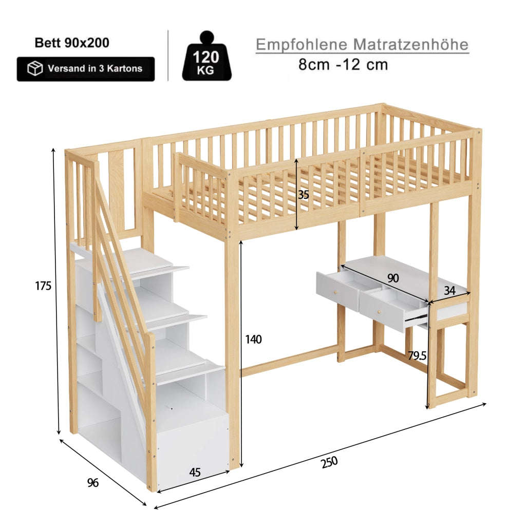 OKWISH Letto a Soppalco 90×200 cm, Letto Singolo con Scala Contenitore, Scrivania Multifunzione e Spazio Sotto Letto, senza Materasso, Bianco