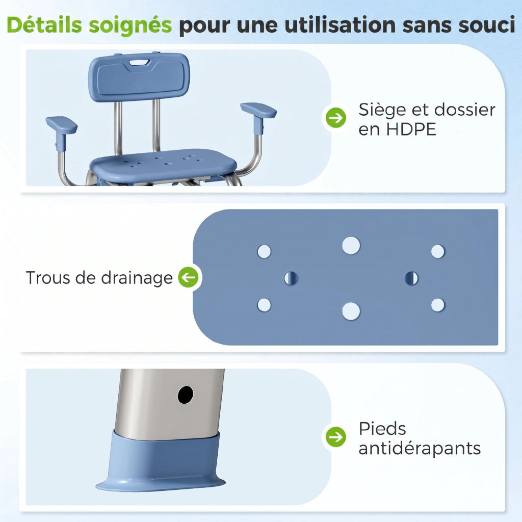 Sgabello Doccia Ergonomico con Braccioli e Schienale Regolabile ¨C Zephmum ¨C Blu