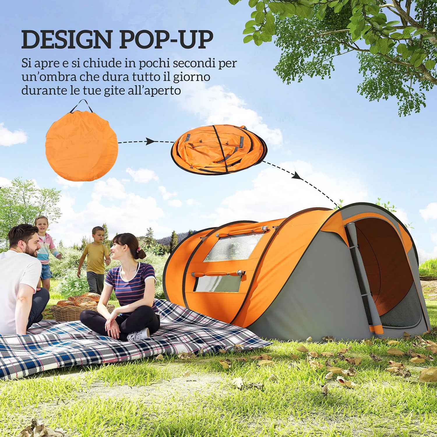 Tenda da Campeggio Pop Up 2 Posti 263,5x220x123 cm con 2 Porte 4 Finestre e Telo Impermeabile Arancione