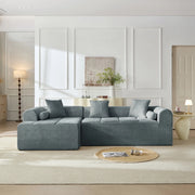 Divano angolare in chenille blu con tasca laterale; imbottitura in schiuma e molle