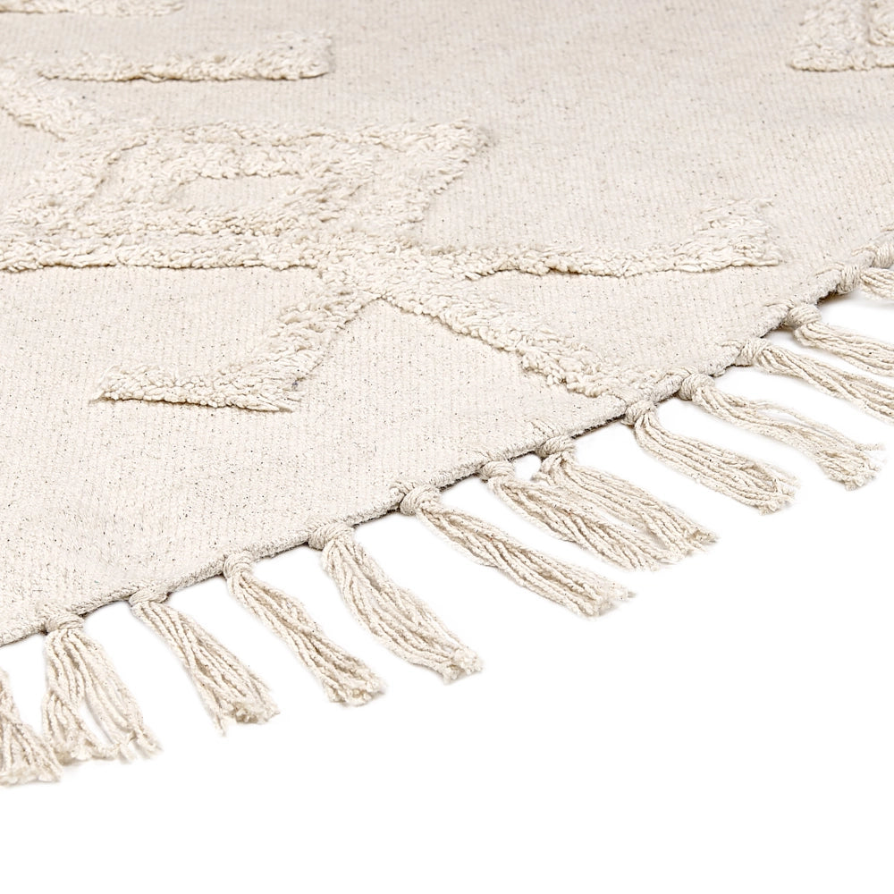 Tappeto rotondo in cotone beige ⌀ 140 cm trapuntato con motivo e frange boho soggiorno camera da letto
