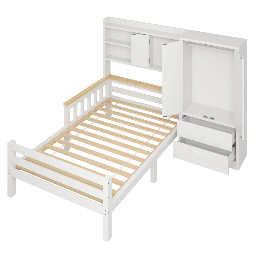 Letto per bambini 90 x 200 cm con armadio integrato e cassetti; legno e MDF bianco