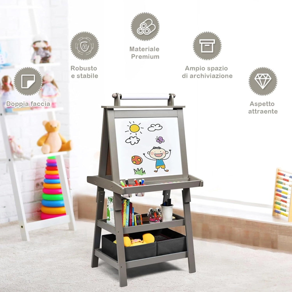 3 in 1 Cavalletto per Bambini con Doppia Faccia, Cavalletto per Disegno con 2 Vassoi e 2 Scatole, Lavagna Bambini in Legno (Grigio)