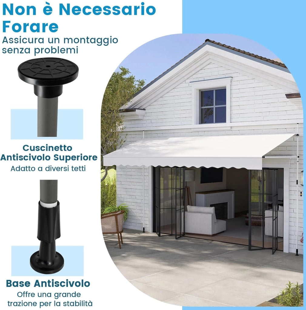 Tenda da Sole a Morsetto, Tenda per Balcone Senza Foratura Altezza e Inclinazione Regolabili con Manovella, Telo Impermeabile e Resistente ai Raggi Solari e Telaio Antiruggine (4M,Bianco)