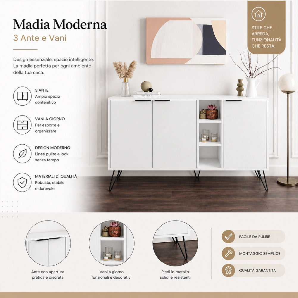 Madia Moderna Credenza con 3 Ante e Vani a Giorno 142x83 cm Zaffiro di Bianco