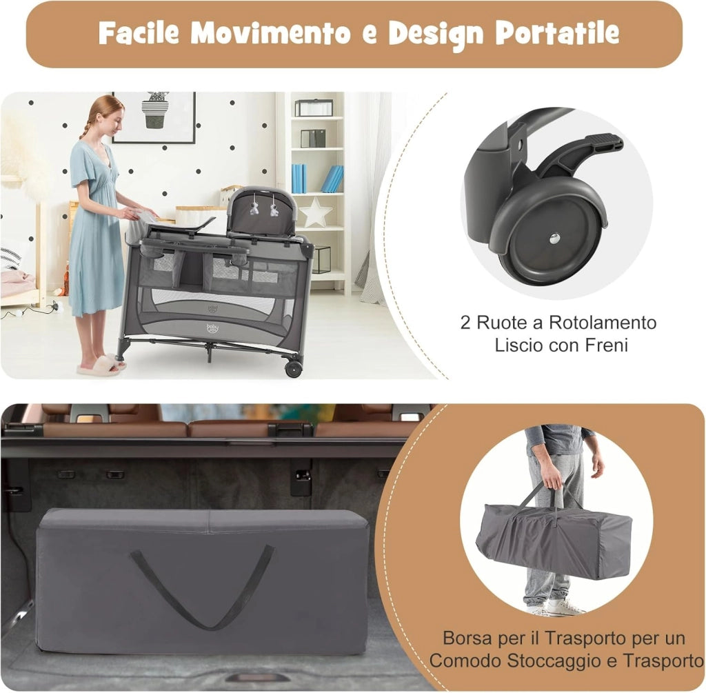 Lettino da Campeggio con Materasso, Lettino Pieghevole per Bambini con Fasciatoio, Culla da Viaggio con Ruote, Giocattolo, Lettino Bambini Staccabile, per Bambini 0-36 Mesi (Grigio)