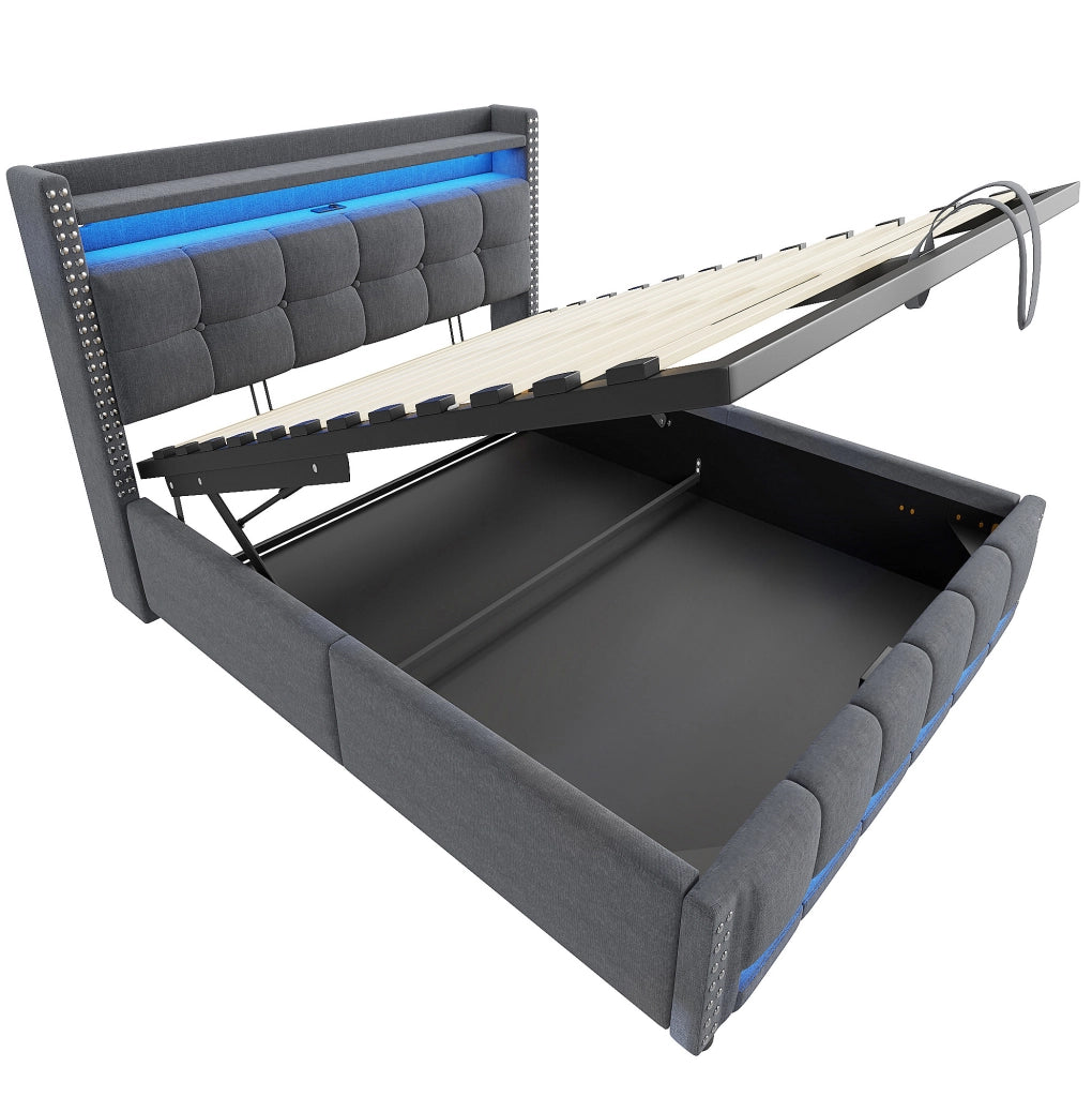 Letto imbottito matrimoniale 140x200 cm con LED; USB e contenitore; grigio