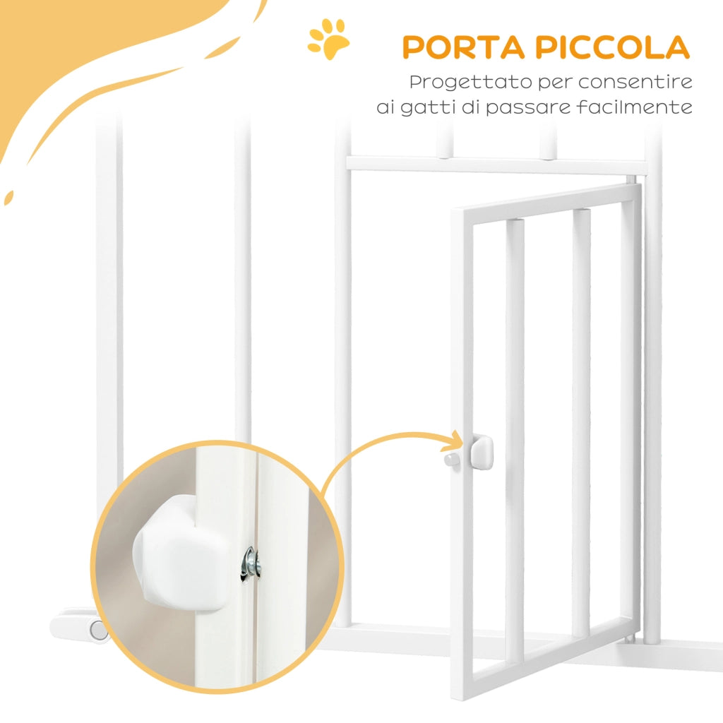 Cancellino per Cani Regolabile Alto con Porta Piccola e Chiusura Automatica, 74-101x104cm, Bianco