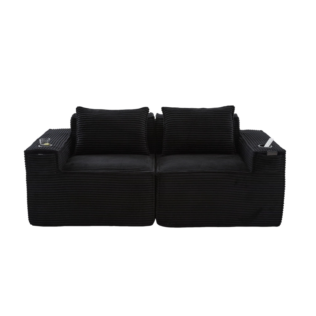Divano modulare 2 posti in corduroy nero con portabicchieri e tasche laterali 188x90x75 cm