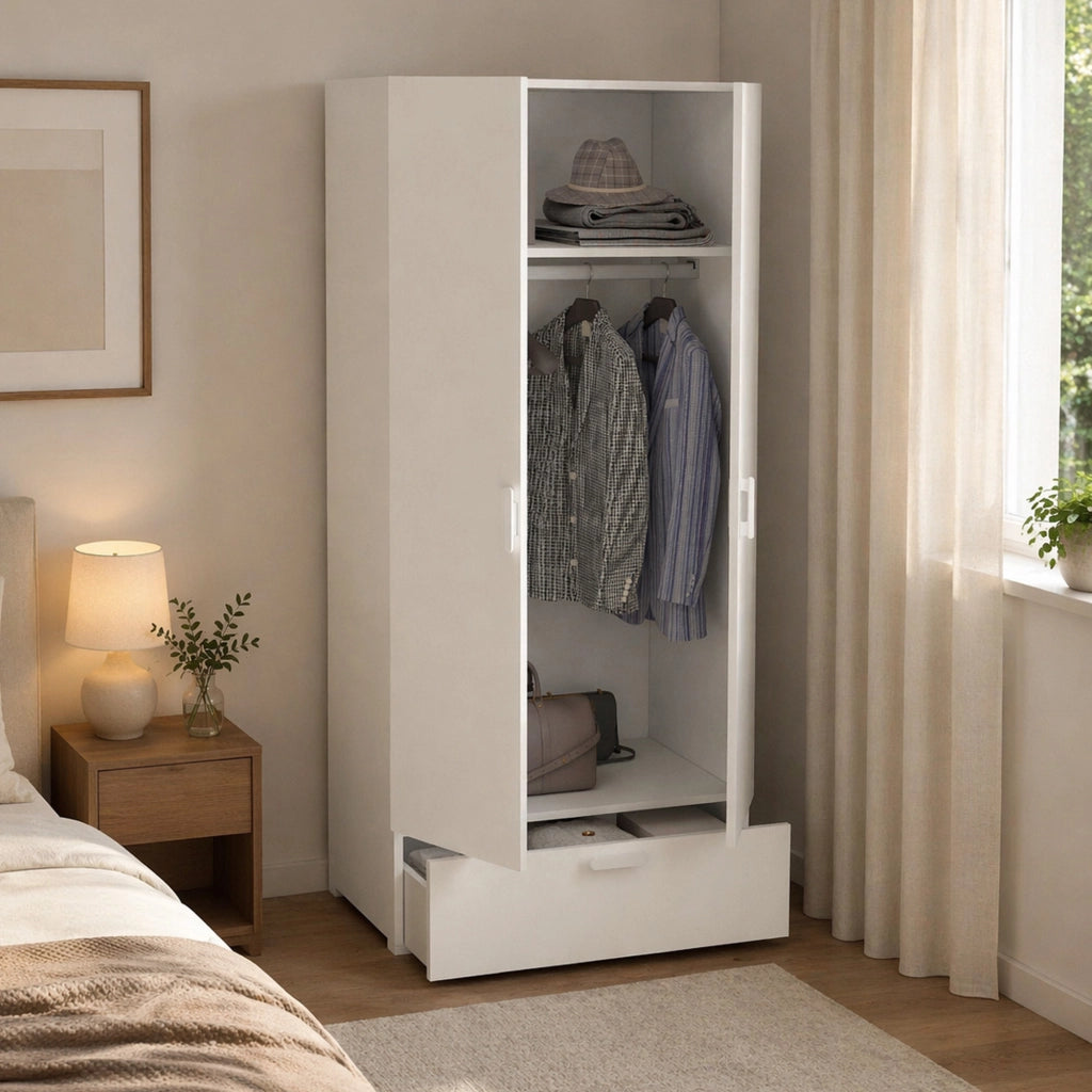 Armadio Camera da Letto Centaurea, Guardaroba 2 Ante Appendiabiti Made in Italy, 52.00x180.00h cm Bianco
