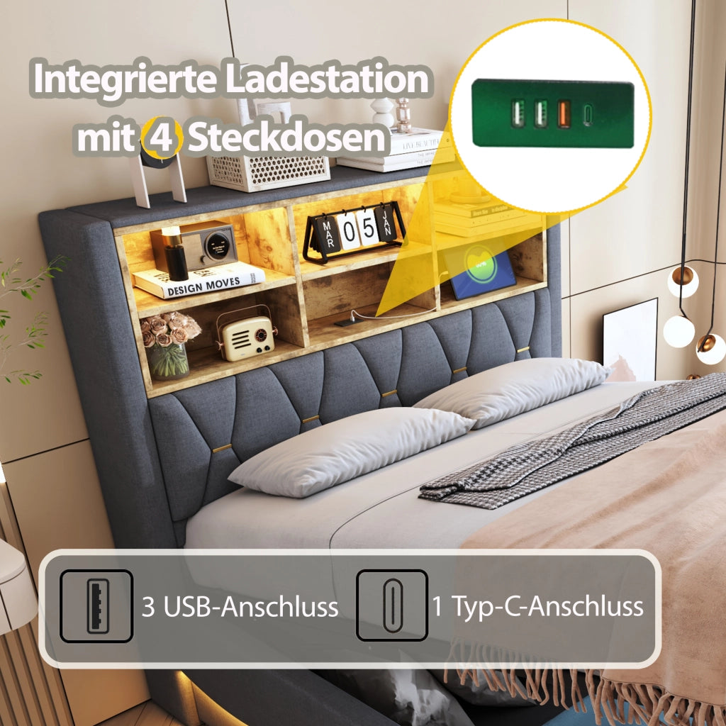 LETTO Contenitore 140x200 cm Grigio con LED, USB e struttura in metallo