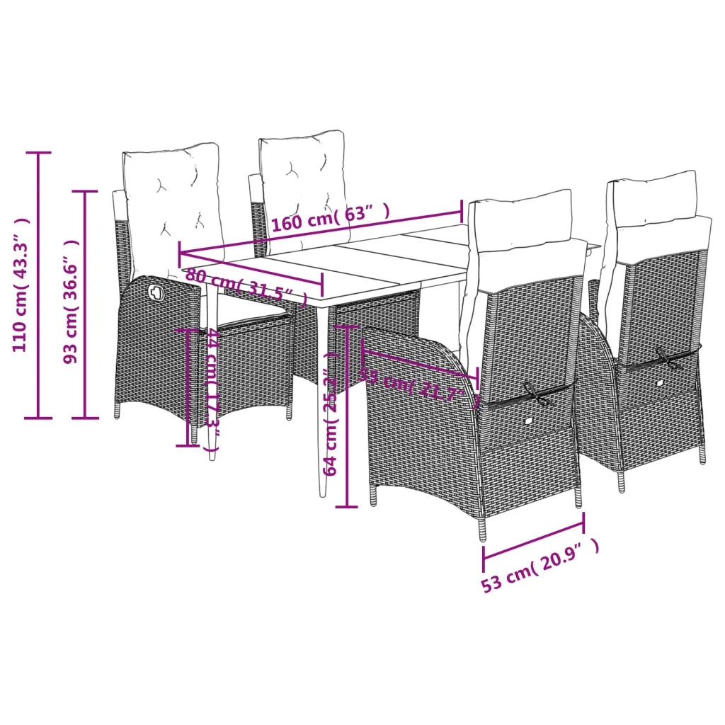 Set da Pranzo da Giardino 5 pz Nero con Cuscini in Polyrattan 3213158
