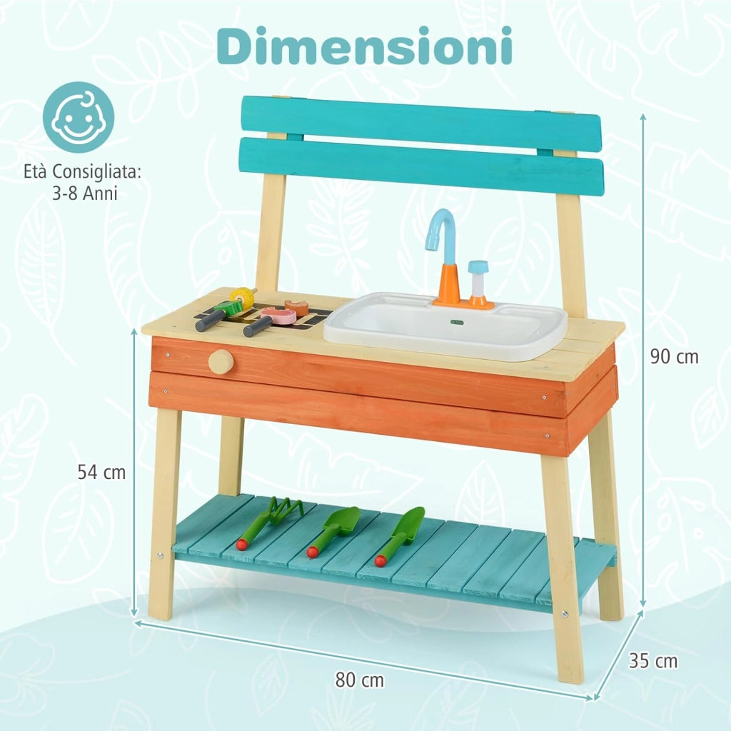 Cucina Giocattolo per Bambini, Cucinatta in Legno con Griglia, Manopola con Suoni, Cibo Giocattoloe e Lavello, Cucina di Fango Interattiva con Accessori da Giardinaggio, per Bambini 3-8 Anni