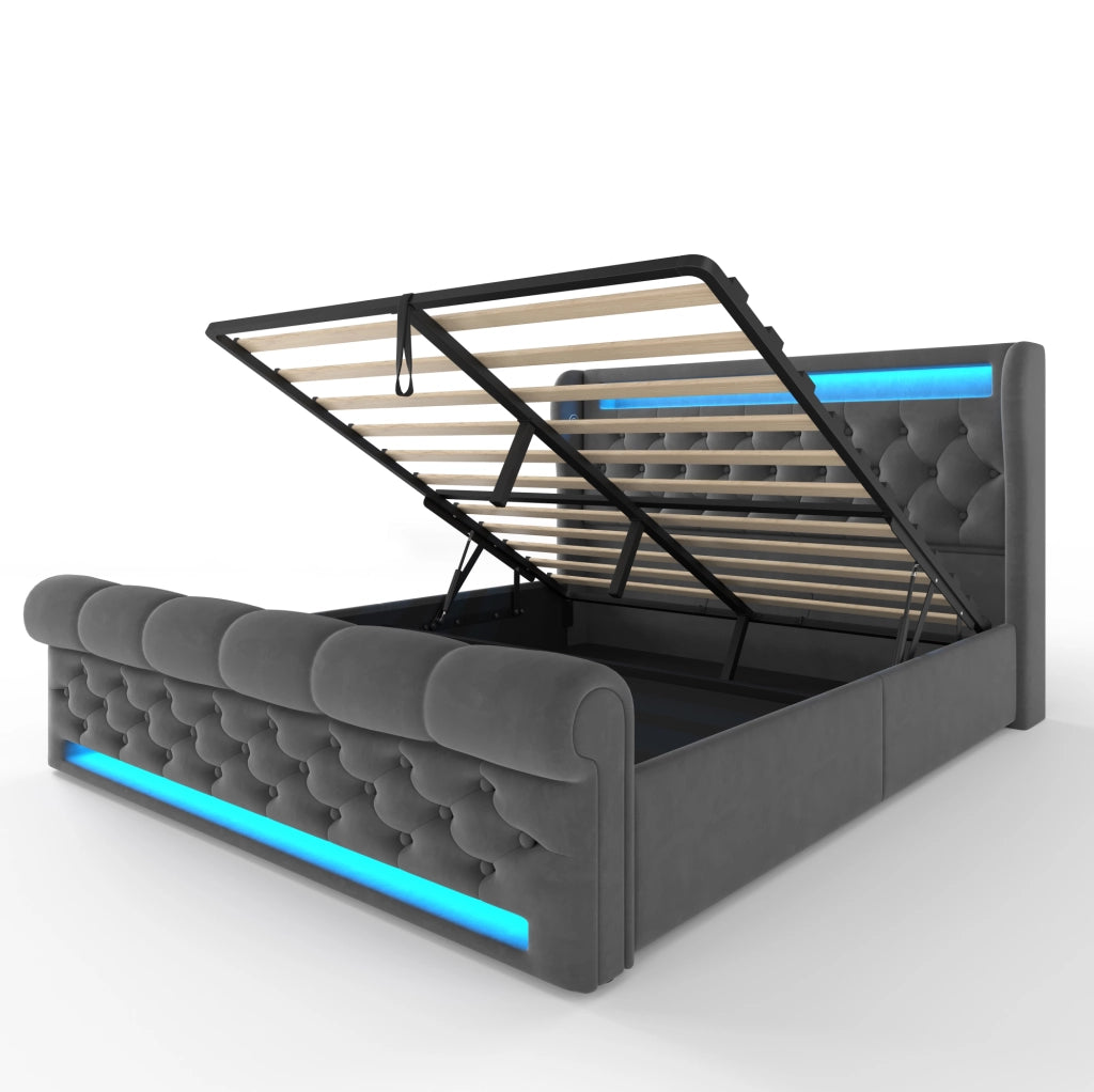 Letto matrimoniale imbottito 160x200 cm con LED integrati e porta USB/Type-C, grigio velluto, contenitore idraulico, senza materasso