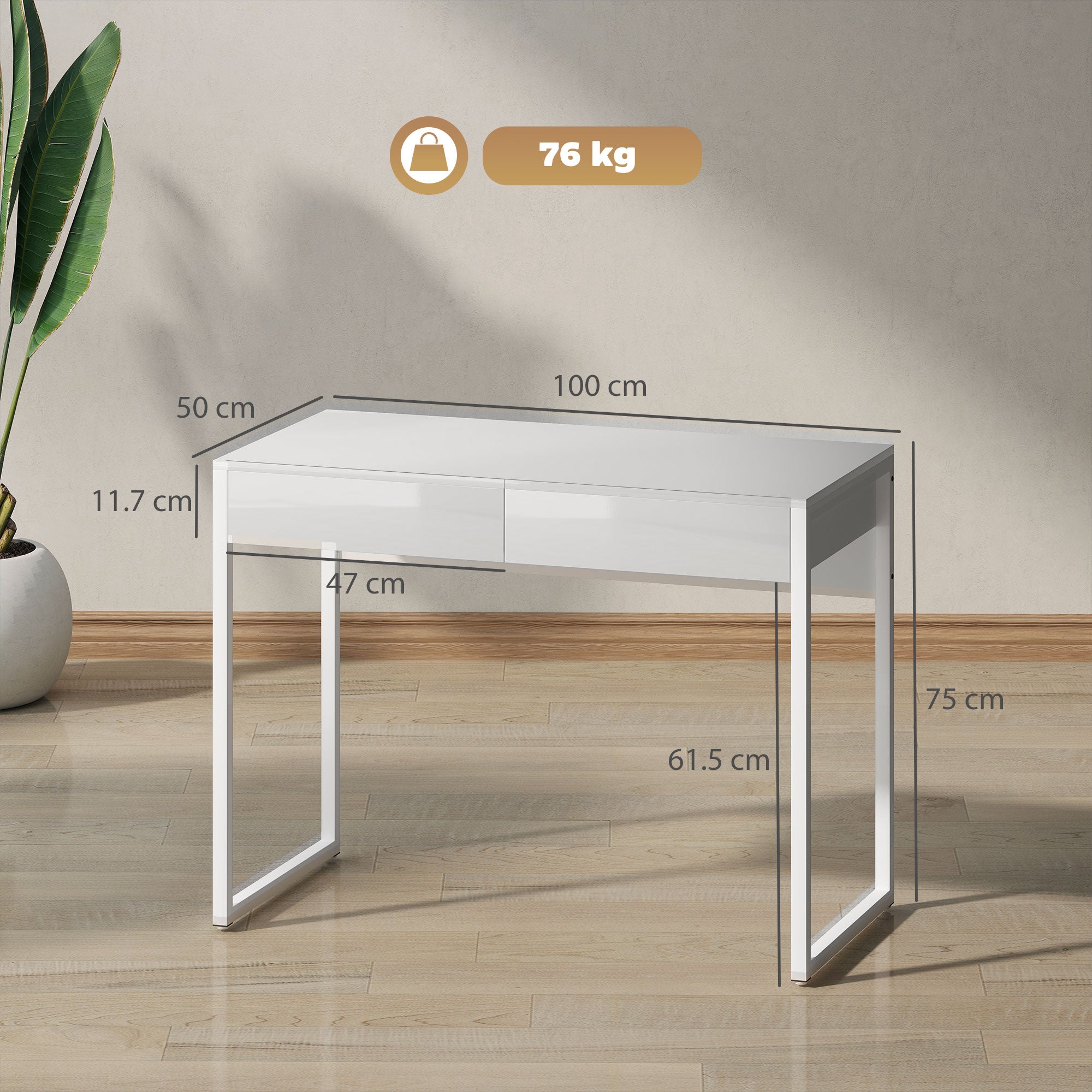 Scrivania Moderna 100x50x75 cm con 2 Cassetti e Gambe in Acciaio Bianco Lucido