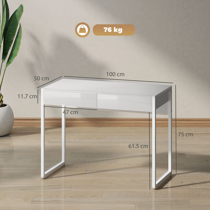 Scrivania Moderna 100x50x75 cm con 2 Cassetti e Gambe in Acciaio Bianco Lucido