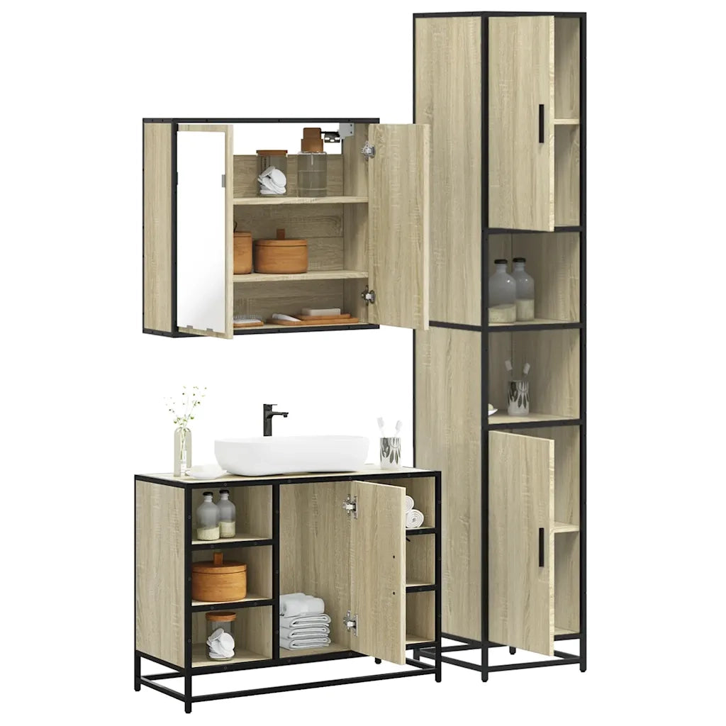 Set Mobili da Bagno | Armadio da bagno 3 pz Rovere Sonoma in Legno Multistrato