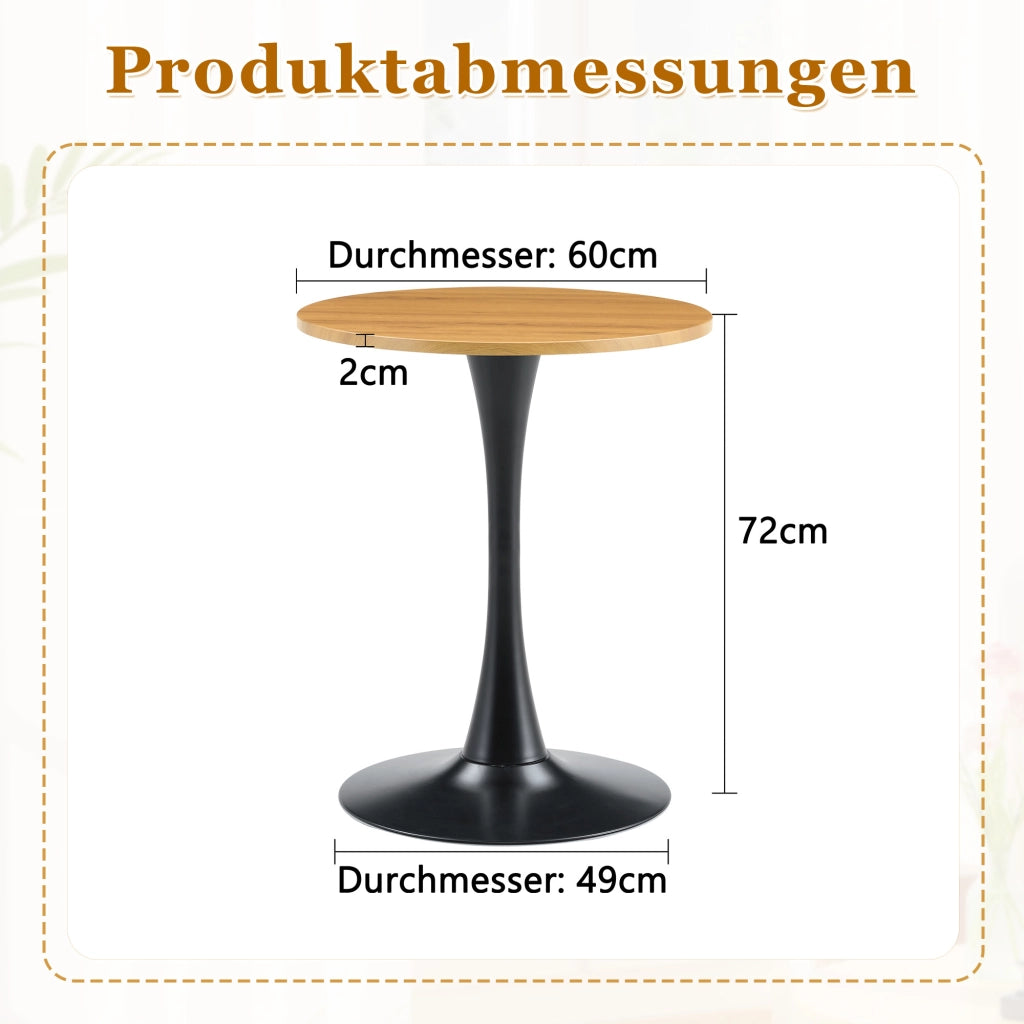 Tavolo da pranzo rotondo con base centrale, piano in MDF effetto legno, stile mid-century, per soggiorno, nero e legno