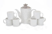 Set 7 Pezzi Caffè The Tè Tazze e Caffettiera in Ceramica Decoro Ecru