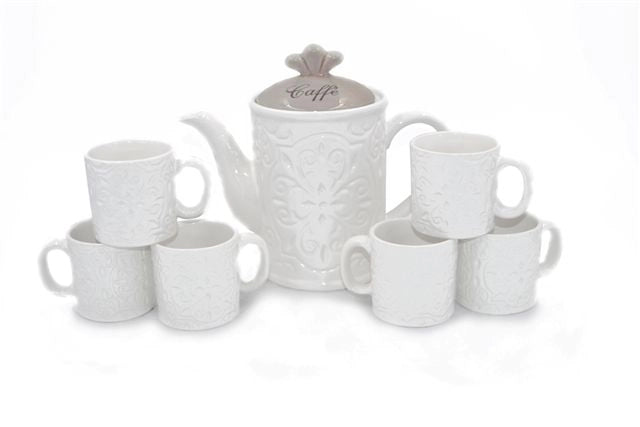 Set 7 Pezzi Caffè The Tè Tazze e Caffettiera in Ceramica Decoro Ecru