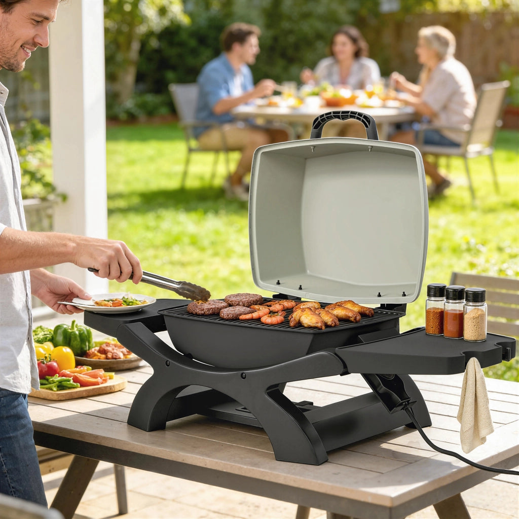 Barbecue Elettrico 2300W Portatile da Tavolo con Ripiani Laterali in Acciaio e Ghisa Nero