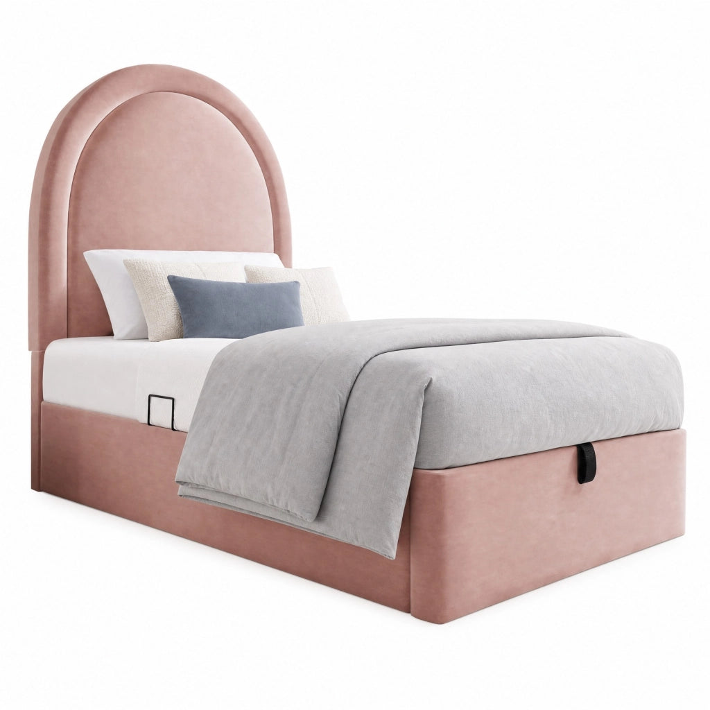 Letto imbottito ULEVR 90x190 cm con contenitore idraulico e rete a doghe, velluto rosa