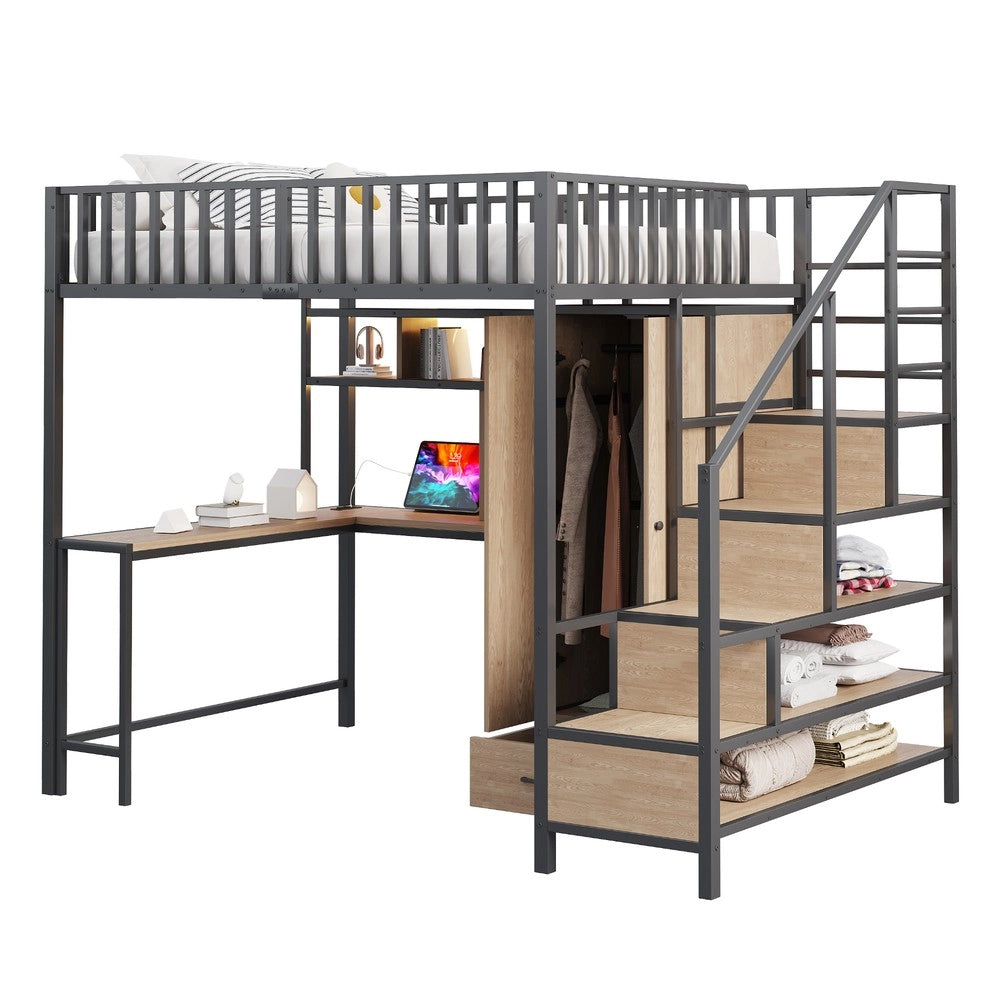 Letto a Soppalco in Metallo con Scrivania, Scaffale, Armadio e Cassetti, LED ¨C Xylo ¨C 140x200 cm, Nero