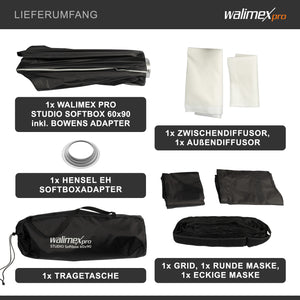 Studio Softbox 60x90cm + adattatore softbox per Hensel Expert, ruotabile a 360°, facile da montare grazie alla funzione ombrello, include griglia, maschere
