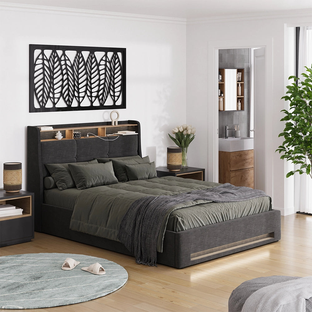 Vitalispa Letto imbottito Antracite/quercia con LED e connessione USB