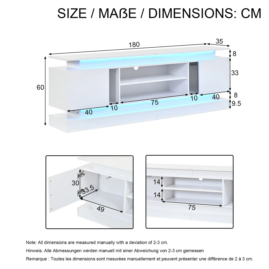 Mobile TV 180 × 35 × 60 cm 2 ante push to open con LED RGB Bluetooth e ripiani regolabili bianco lucido