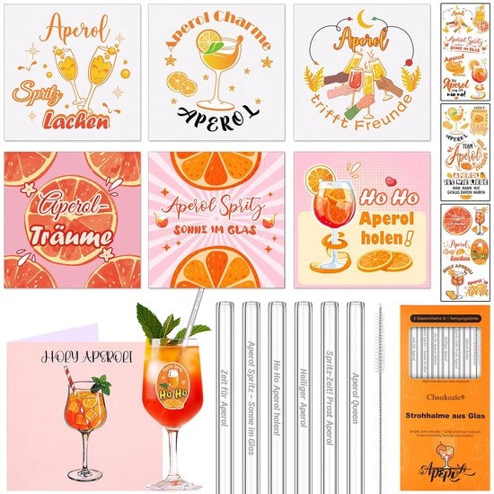 Set di decorazioni per Aperol Spritz da 12 pezzi, comprensivo di rietelli e sottopiedini, con adesivi per bicchieri e cartoncini di merchandising per regali accessori di Aperol Spritz per donne e uomini.