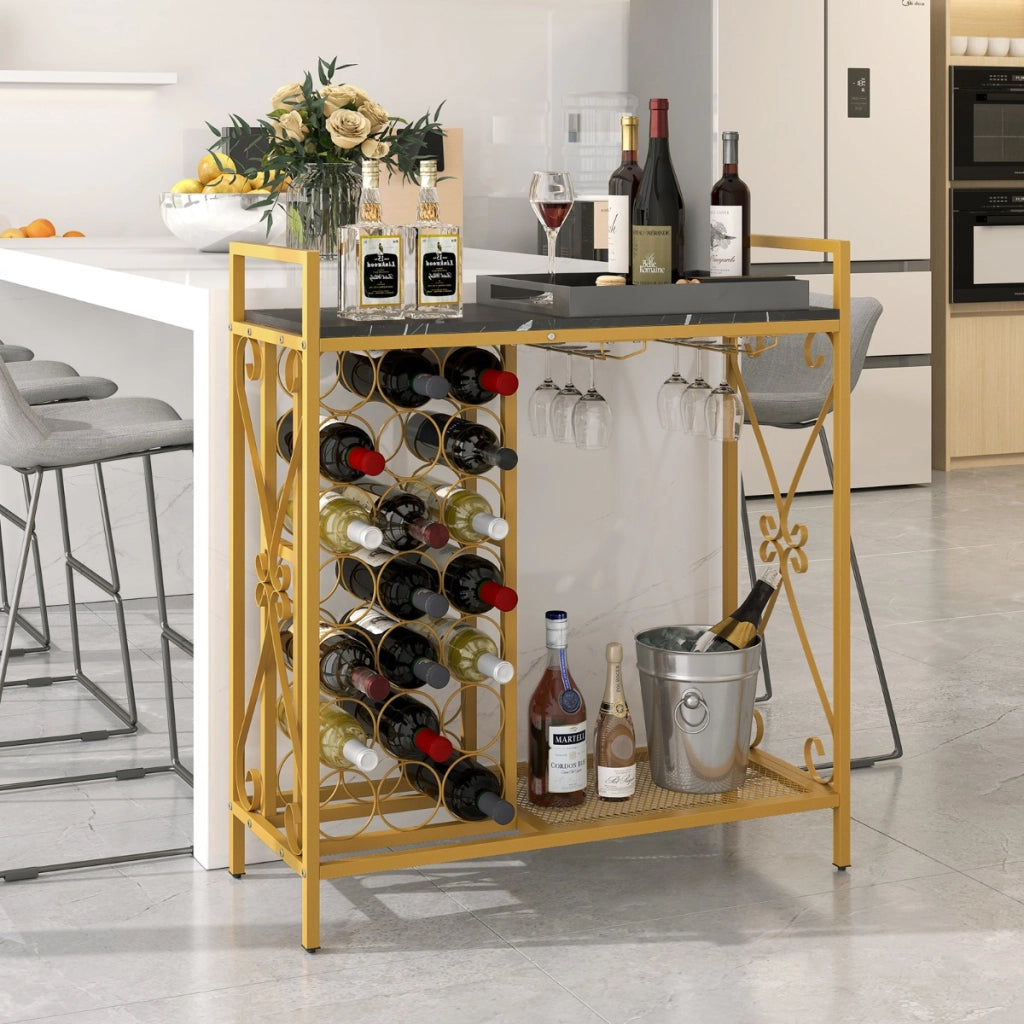 Portabottiglie indipendente con portabicchieri e piano d'appoggio, Portavino in metallo 93 x 38 x 102 cm Oro-Portabottiglie