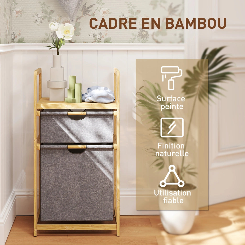 Cestino per il bucato in bamb¨´ con 2 sacchetti in tessuto scorrevoli e ripiano a doghe ¨C Minimal ¨C naturale
