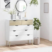 Cassettiera 5 Cassetti Design Scandinavo Mobiletto per Riporre Camera Pannelli di Particelle, 99 x 39 x 101 cm, Bianco Effetto Rovere Chiaro