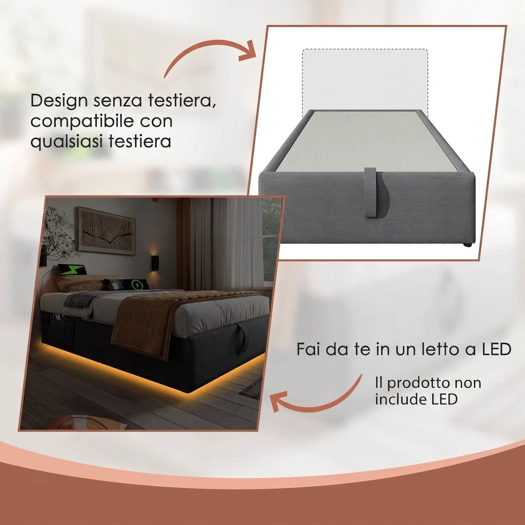 Letto Singolo 90x190 cm Letto Contenitore Senza Testiera con Prese USB e Type-C; Base in Legno Massello e Cotone; Grigio