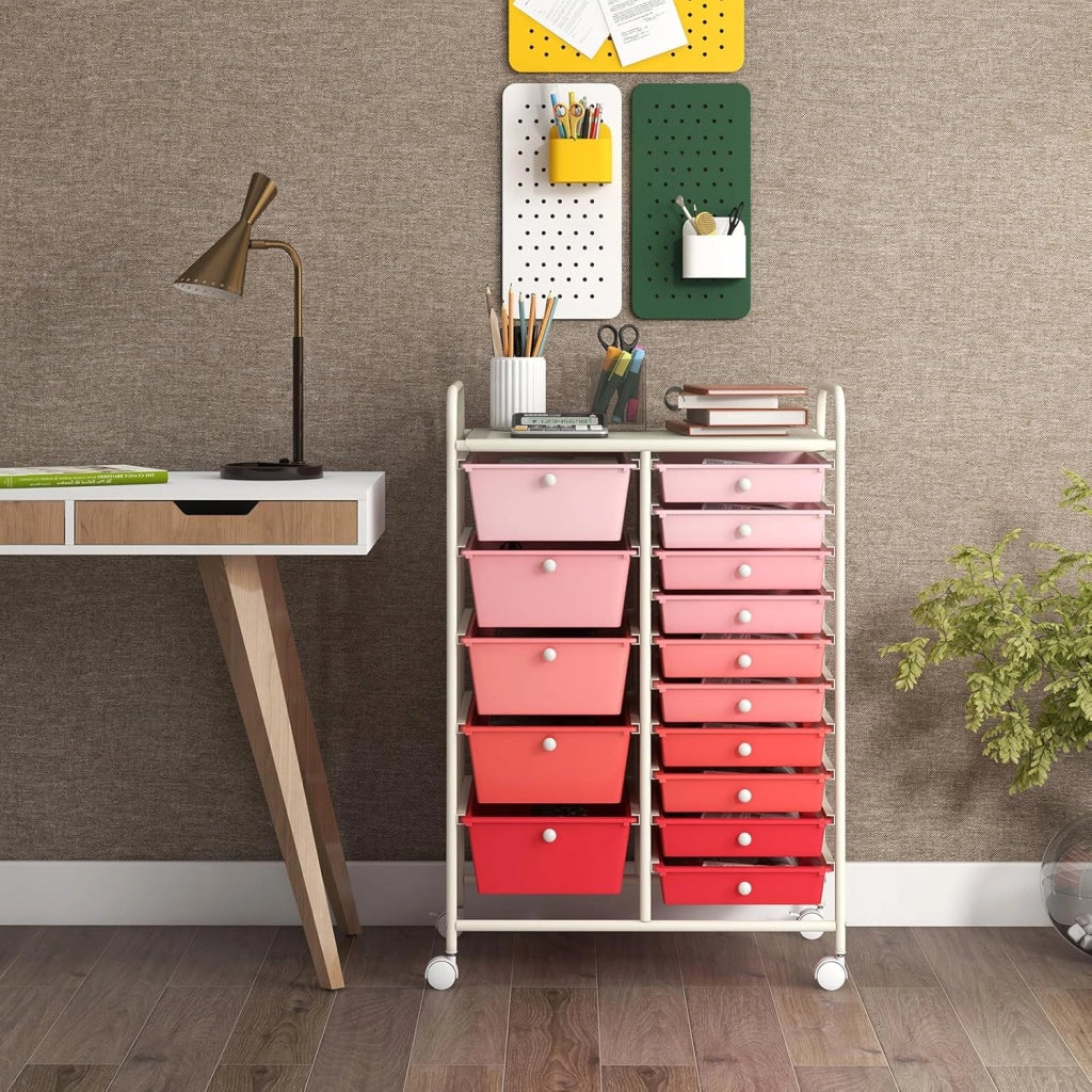Carrello con 15 Cassetti, Impilabile, con Ruote Bloccabili per Cucina, Bagno, Ufficio - 63 x 37 x 87 cm (Rosa)