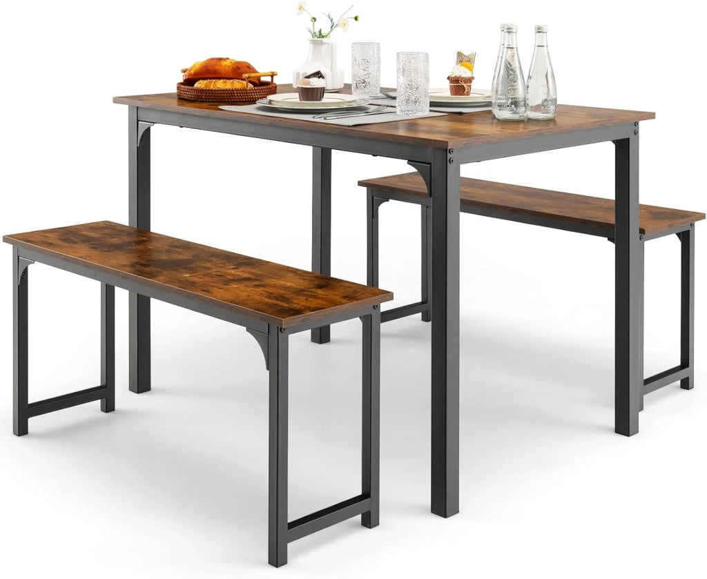 Set 3 Pezzi Tavolo e Panche da Cucina, Set Tavolo da Pranzo 110 cm e 2 Panche per 2-4 Persone con Struttura in Metallo Antiruggine, Set Tavolo e Sedie da Cucina Sala da Pranzo Birreria