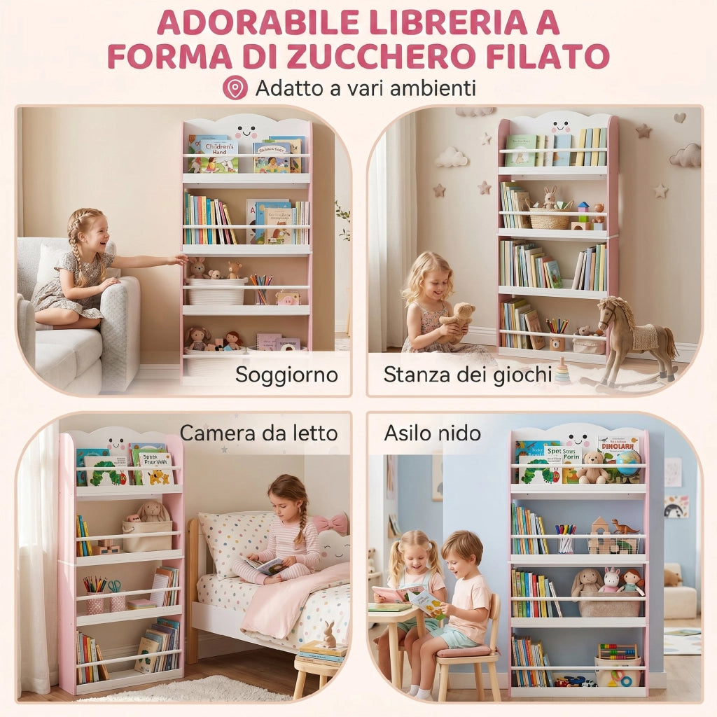 Libreria Montessoriana per Bambini 3-6 Anni 60x15x120,5 cm 4 Ripiani in Legno Rosa