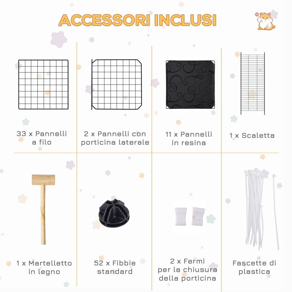 Recinto per Conigli Modulabile in Metallo con Scaletta e Accessori Montaggio, 175x105x70cm - Nero