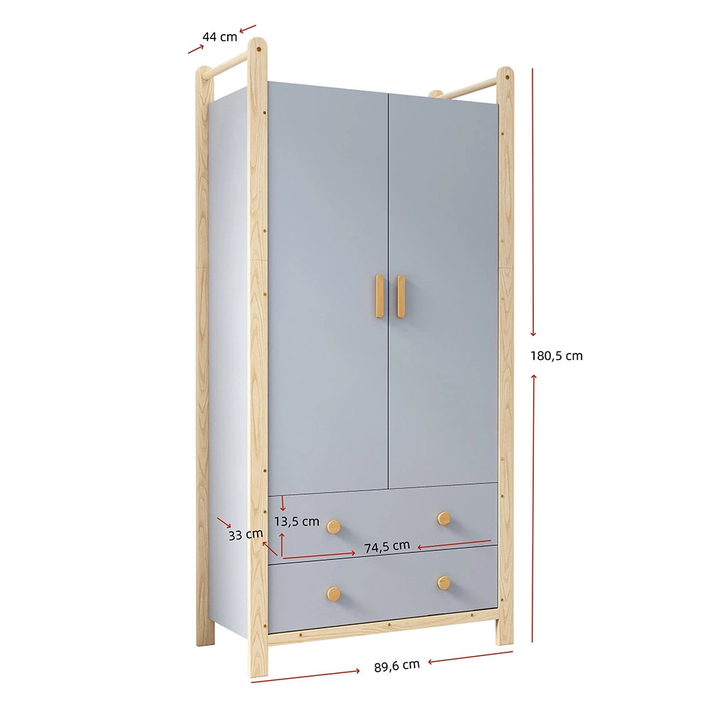 Armadio 2 ante 90x45x180 cm - Xylo - con appendiabiti, 2 cassetti, blu e telaio pino, per camera