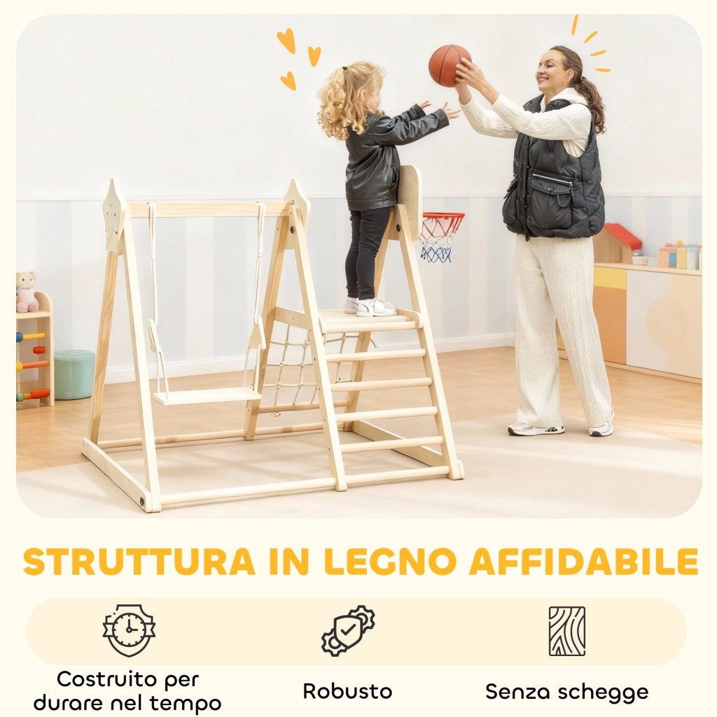 Casa di gioco per bambini con scivolo, altalena e canestro ¨C zephmum ¨C Legno, 140x172.5x116.5 cm