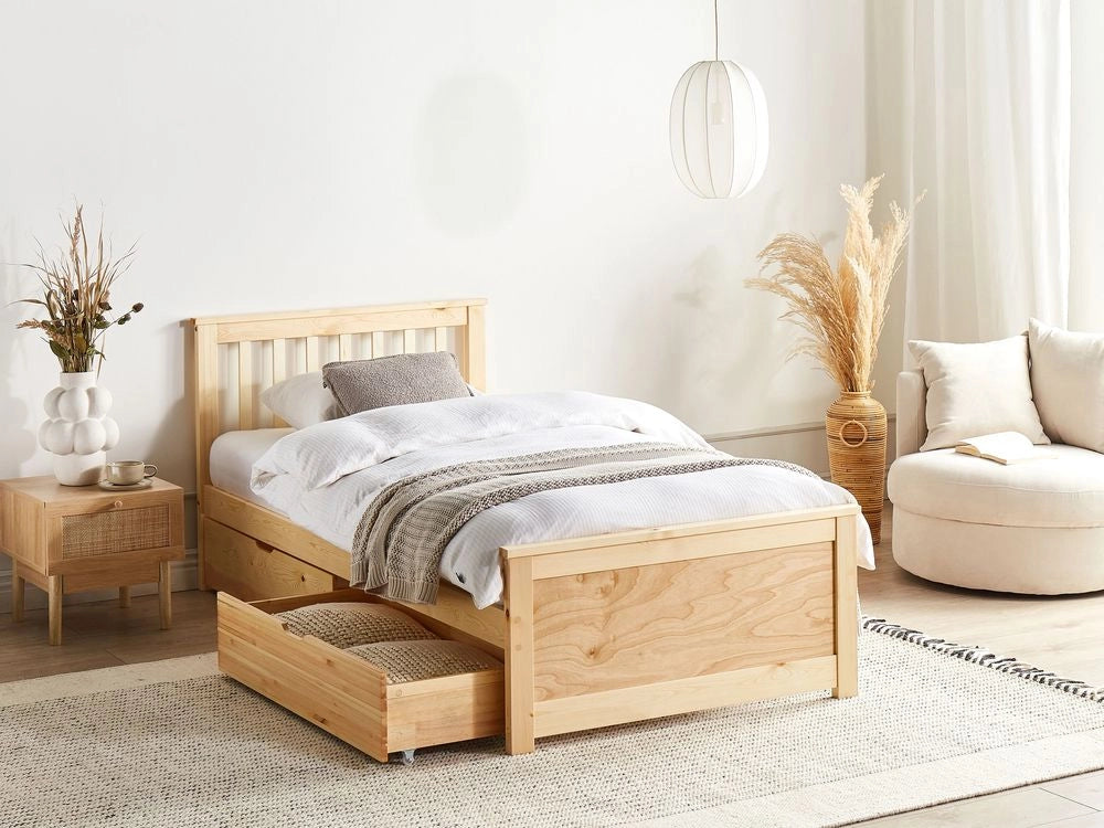 Letto in pino MDF con rete con contenitore 2 cassetti testiera minimalista 90 x 200 cm marrone chiaro