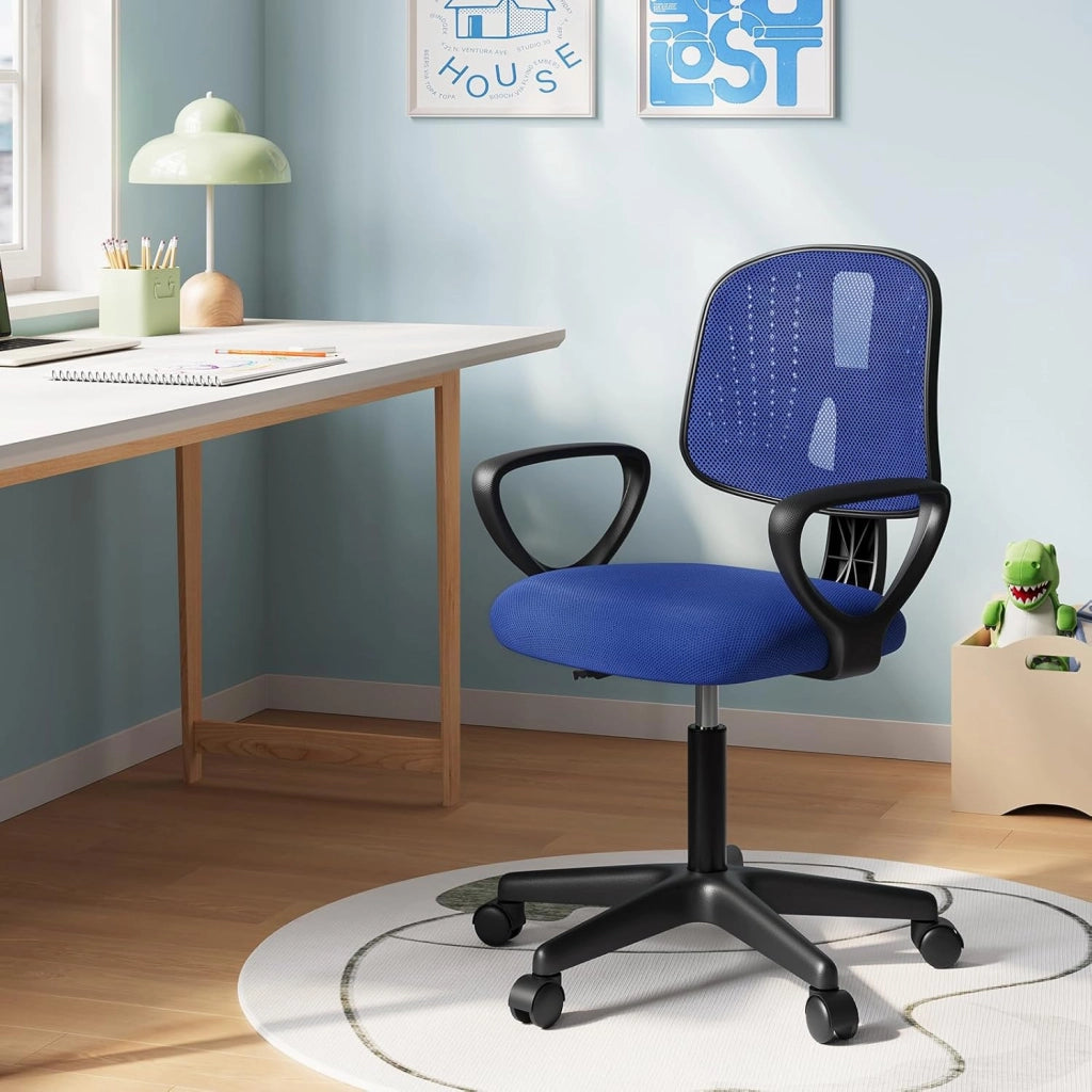Sedia da Scrivania per Bambini, Sedia da Studio Girevole, Sedie Ergonomica con Ruote, Tessuto a Rete Traspirante, Sgabello Girevole con Schienale Regolabile Automaticamente, Blu, K0005BS