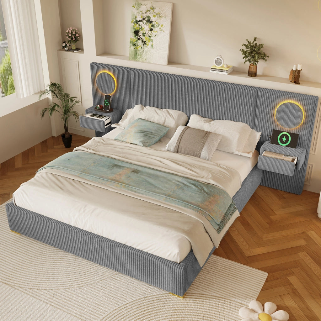 Letto imbottito 180x200 cm in velluto grigio con testiera LED, USB e comodini