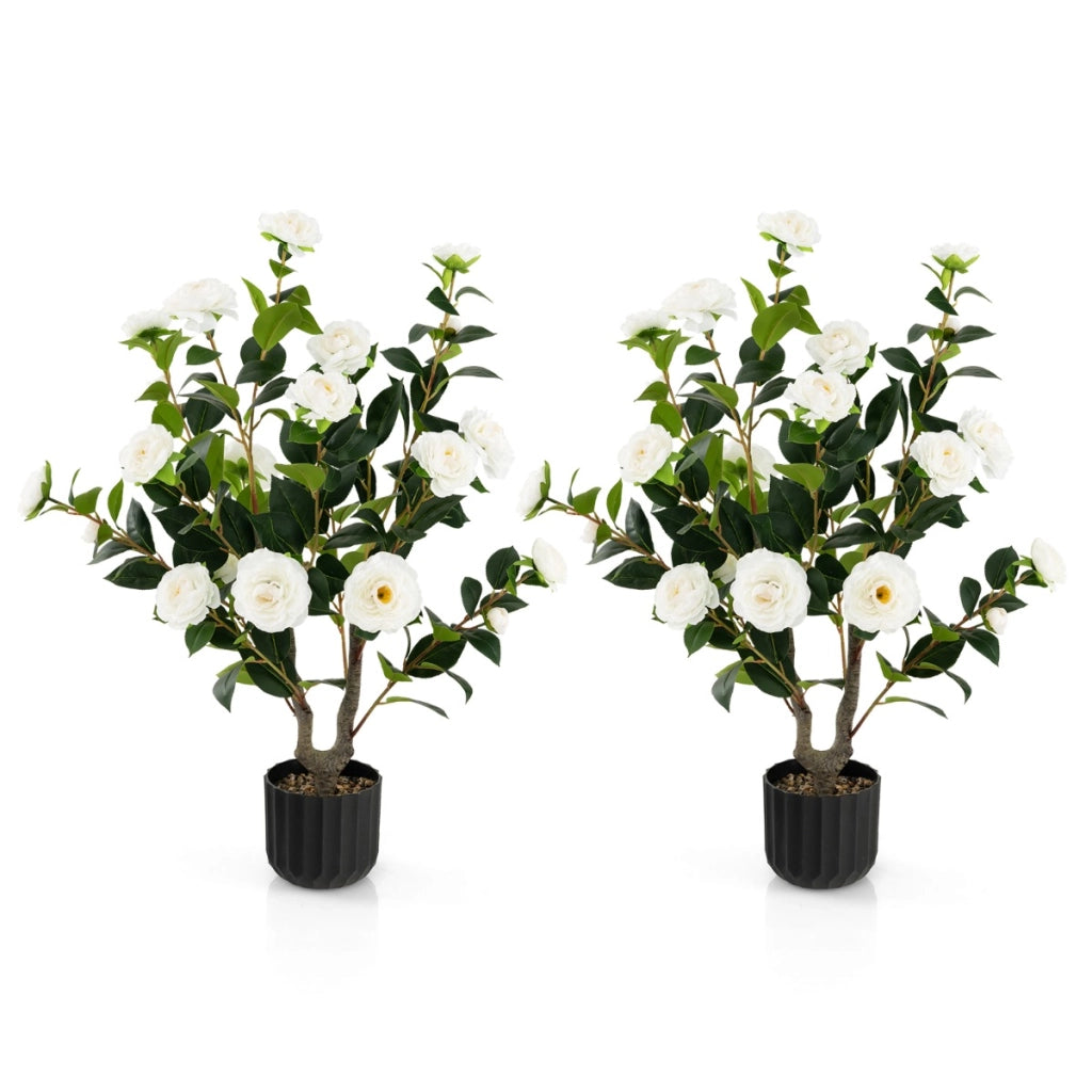 Albero di camelia artificiale da 95cm, Pianta artificiale con fiori finti in vaso di cemento Bianco-Piante artificiali